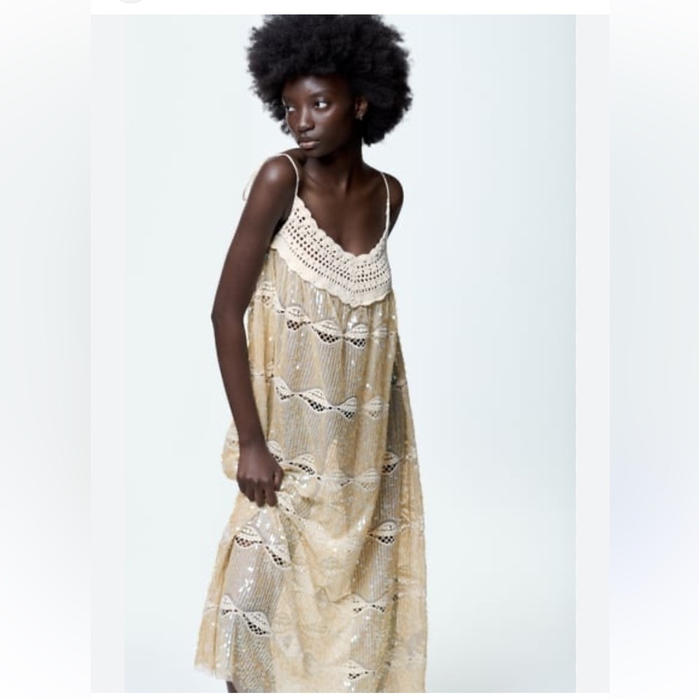 Zara Limited Edition Sequin Crochet Tie Strap Boho Dress